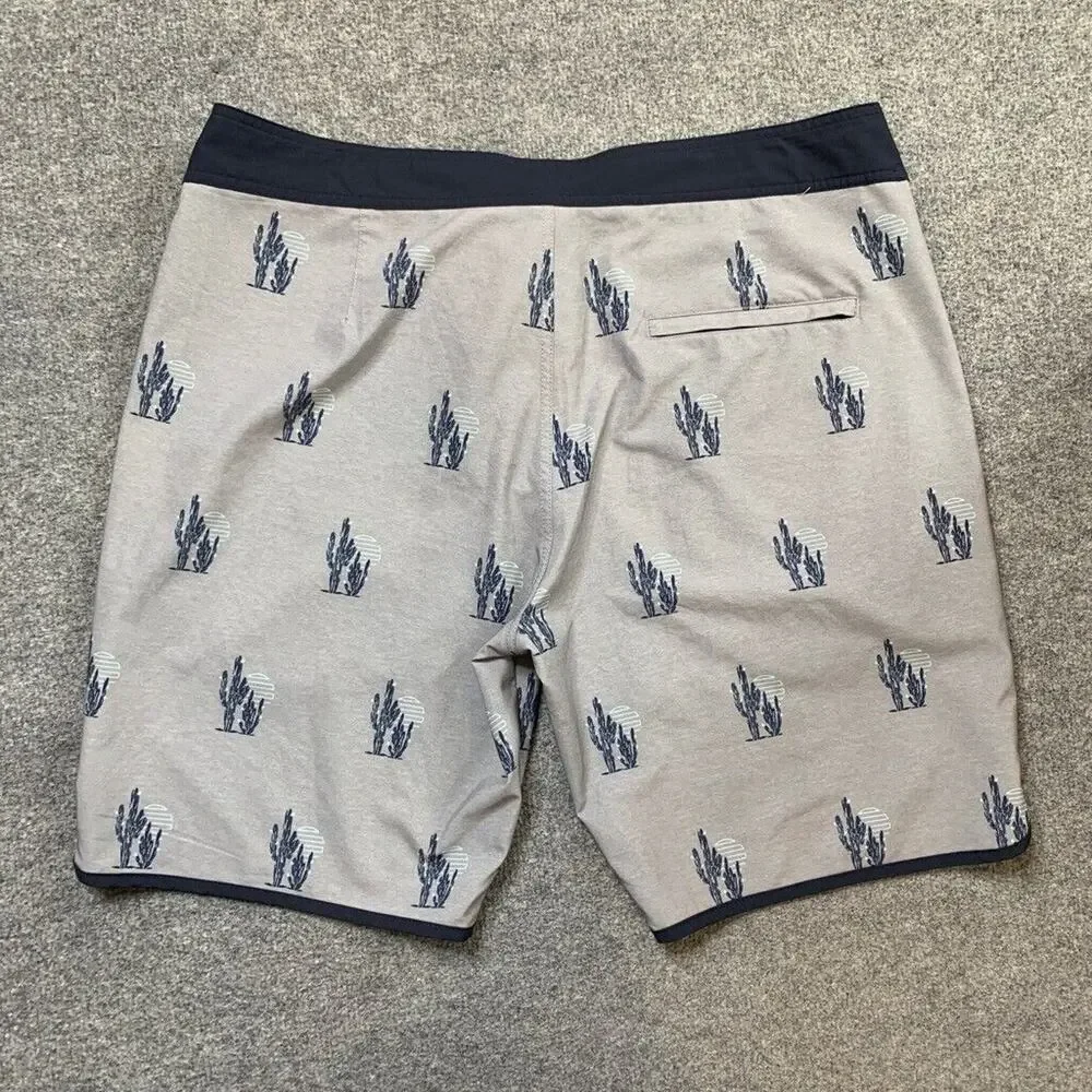 Travis Mathew Board Shorts Mens 38 Grey Navy Sand In My Beer Cactus Surfing Swim